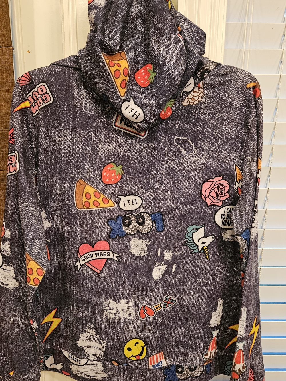 HOODIE Eye Candy Denim Blue Graphic Hoodie Zipper Colorful Patches Emoji Unicorn